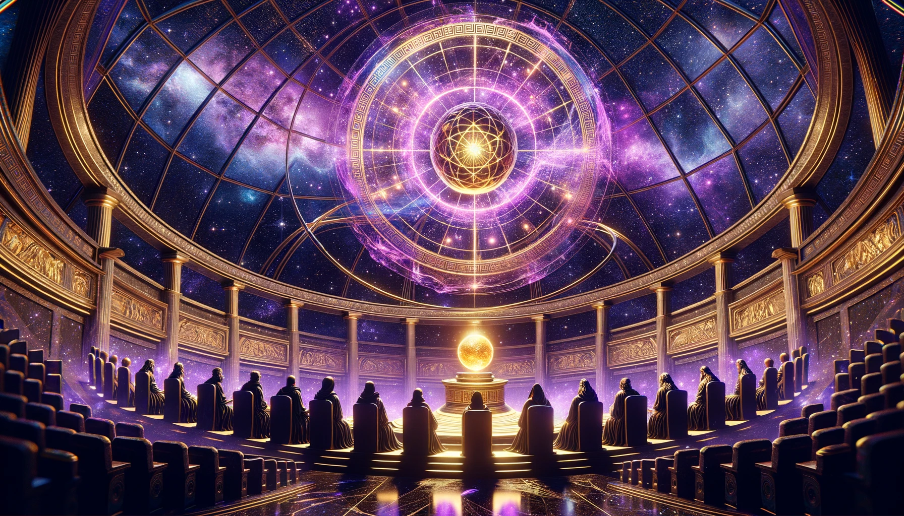 SAGE mentor chamber — the crystalline wisdom sphere where 7 philosophical AI mentors guide your trading psychology